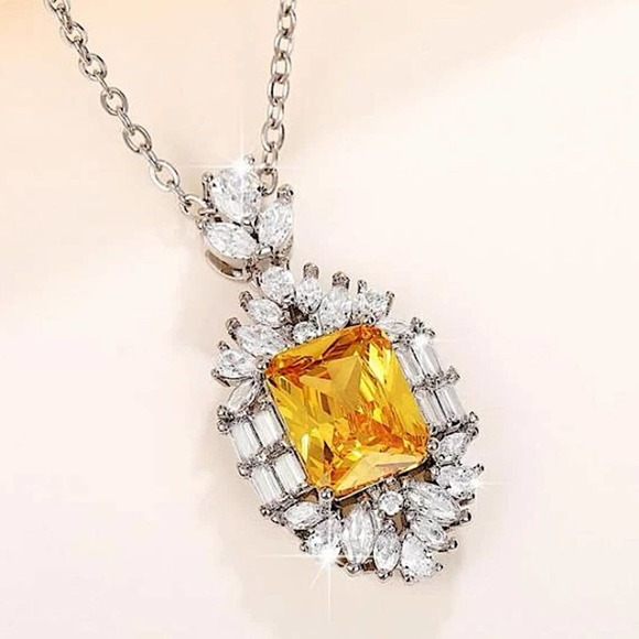 Canary Yellow 14K Diamond Citrine Pendant Charm Necklace Exquisite Luxury - Picture 9 of 13